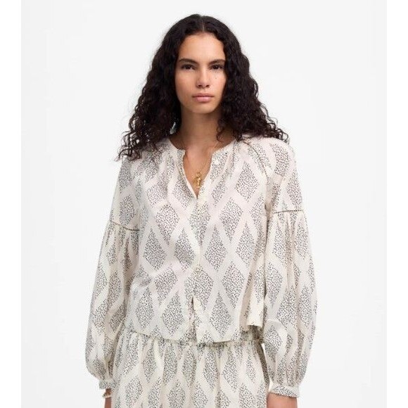 Madewell Shirred Balloon-Sleeve Top Women’s Large White Black Dot Cotton Boho - Picture 1 of 13